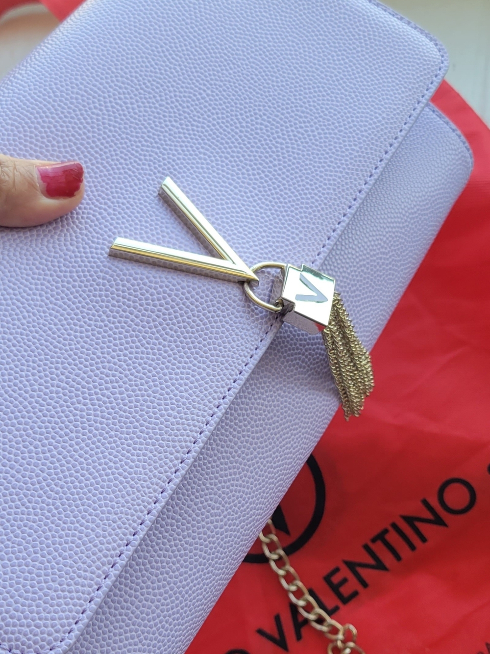 Valentino Lilac Vegan Leather Handbag with Silver Tassel V Charm